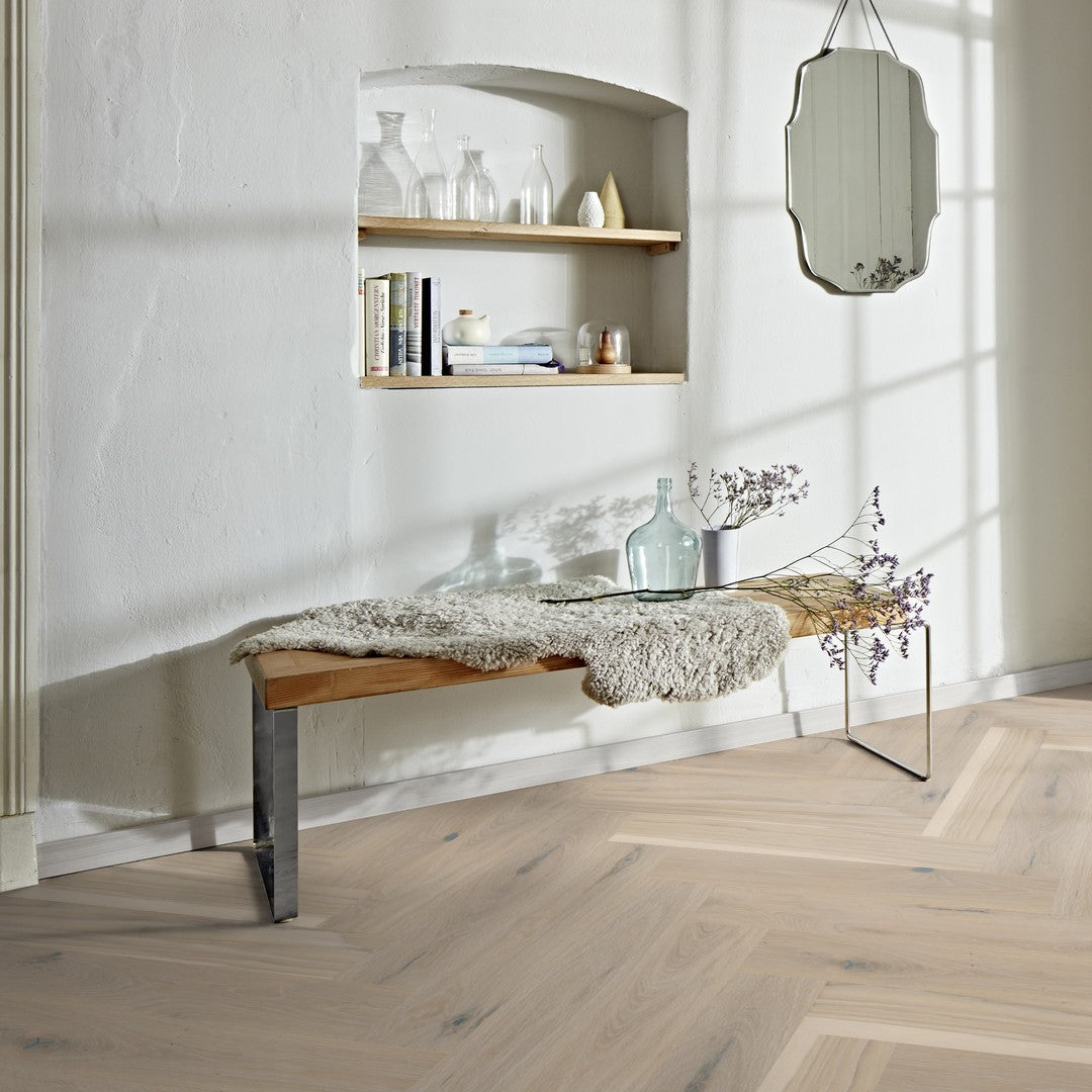 Boen Oak Pale White Vivo 14mm Herringbone Click 138 - A & B Planks - Live Pure - Brushed